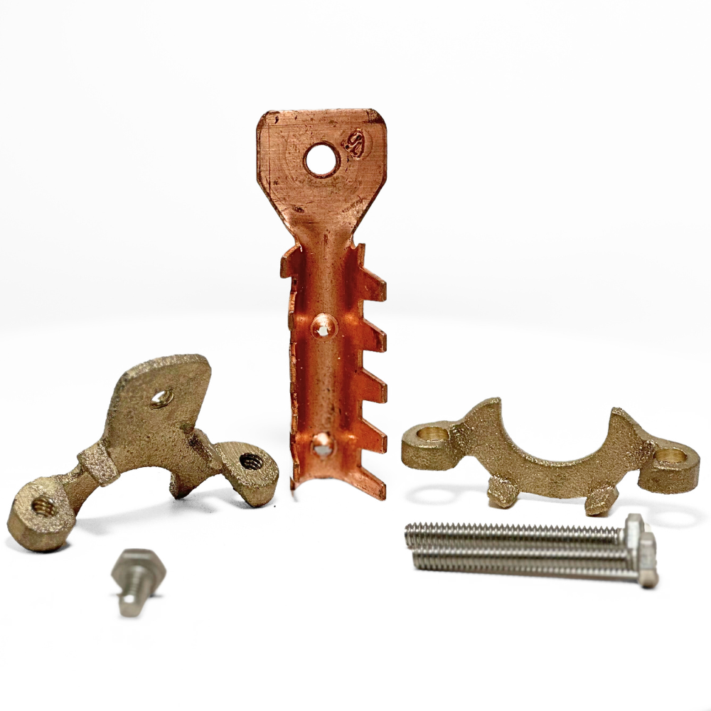 In this photo, American Rod Company’s Cast Bronze Sill Cock Grounding Clamp is disassembled to show all its components. Designed for Class I structures, this clamp fits most standard hose bibs and offers a simple solution for lightning protection grounding to domestic cold water systems without penetrating the building’s structure. UL 96A, NFPA 780, and LPI 175 compliant for reliable grounding connections.