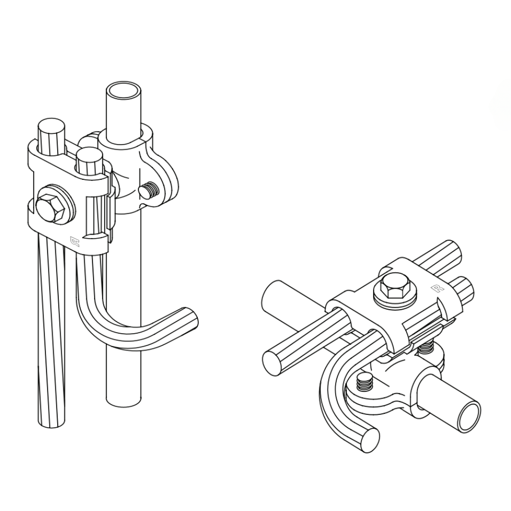 The Cast Bronze Pipe or Rebar Bonding Clamp attached to a pipe demonstrates its practical application and secure fit. Essential for effective lightning protection on various structures, provided by American Rod Company.