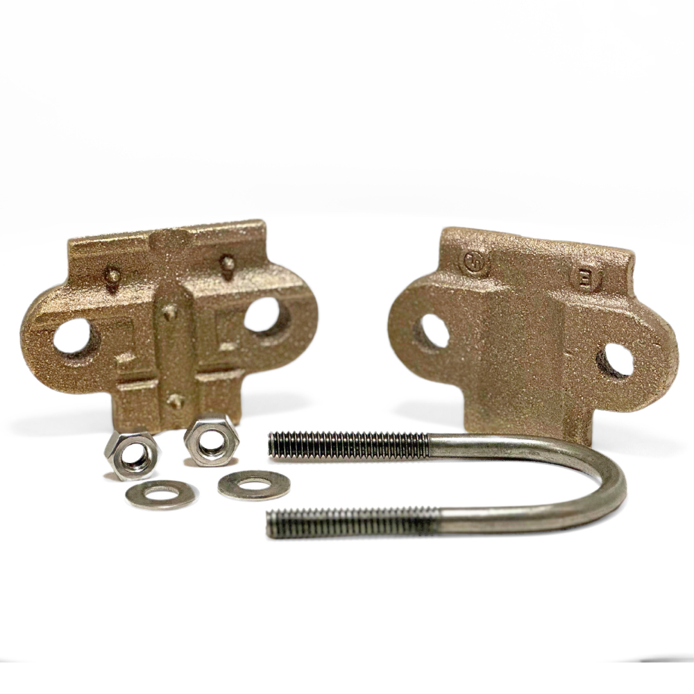 In this photo, American Rod Company’s Copper Pipe Bonding Clamp is disassembled to show all its components. Designed for securing main-sized cables to pipes in lightning protection systems, this cast copper clamp features dual stainless steel U-style bolts for easy tension adjustment. Ensures a strong connection, perfect for lightning rod installations and electrical grounding. NFPA 780 and UL 96A approved.