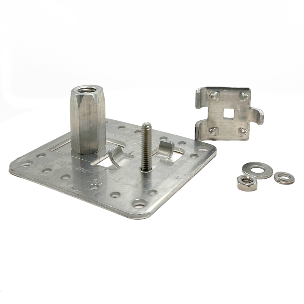 Disassembled view of the Air Terminal Base with Tabbed Swivel Head, showing the individual components including the aluminum base and adjustable support tab. Designed for lightning protection systems, this base ensures secure and reliable connections on flat, vertical, or sloping surfaces. Compliant with NFPA 780, UL 96A, and LPI 175 standards, it offers ease of installation and versatility in Residential and Commercial applications. Provided by American Rod Company.