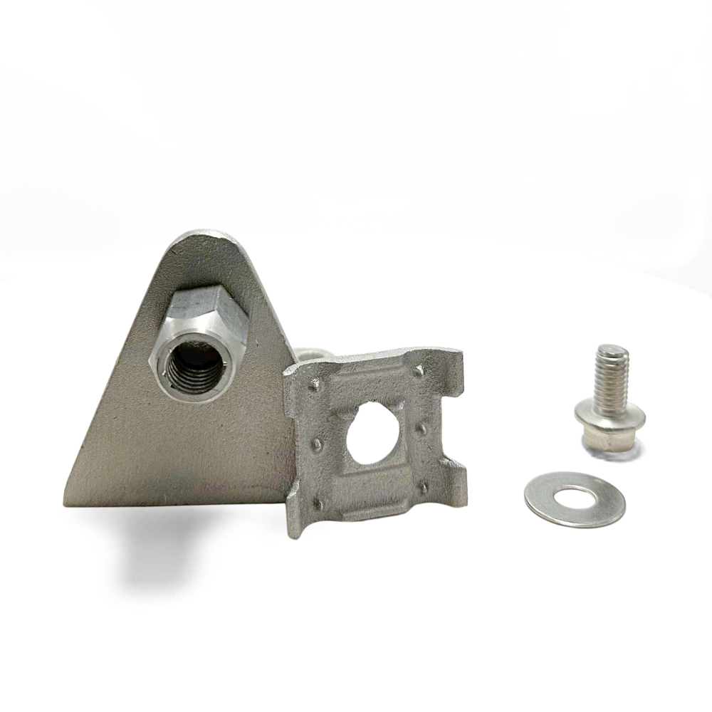 Disassembled view of the Cast Aluminum Offset Wall Point Base, showing the 2” offset point adapter and mounting holes. Designed for lightning protection systems, this base provides reliable support and secure cable contact for main-sized cables, compliant with NFPA 780, UL 96A, and LPI 175 standards. Available through American Rod Company.