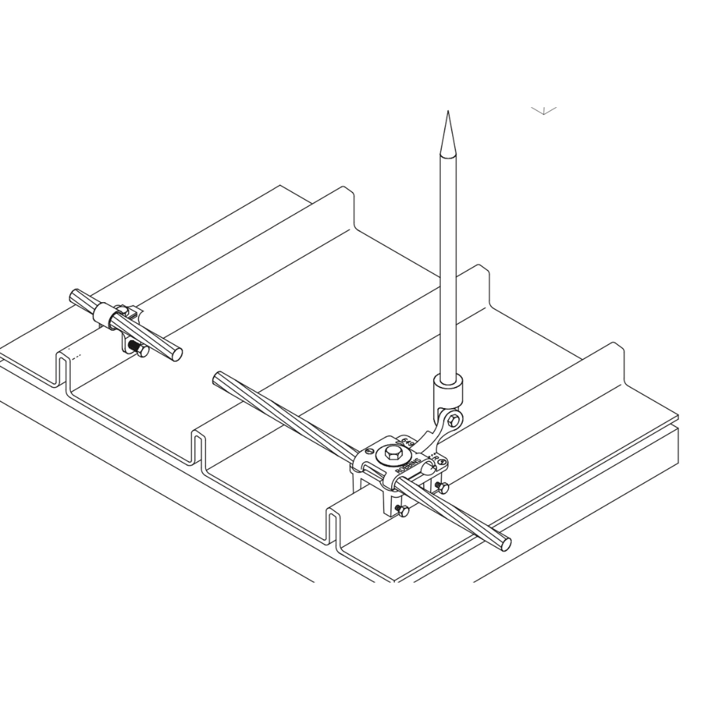 Cast Aluminum Standing Seam Base, with a swiveling head and clamps designed specifically for standing seam roofs with set bolts. Dimensions are 3-1/2” x 2” X3-3/4” Lightning Protection Equipment UL-Listed Lightning Rod Lightning Conductor Electrical Grounding System Surge arrestor Lightning Rod Lightning Protection NFPA 780 LPI 175 UL96A