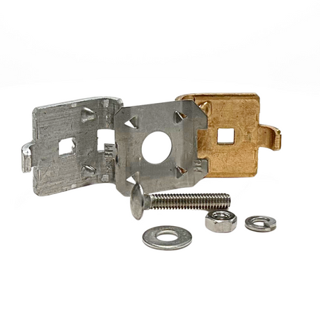 Disassembled view of the Stamped Bolted Parallel Cable Splicer, showing its components including the stainless steel bolt and separator for bimetallic applications. Designed for optimal performance in Class 1 and Class 2 systems, this splicer meets UL 96A and LPI 175 standards, providing essential protection in lightning protection systems. Available from American Rod Company.