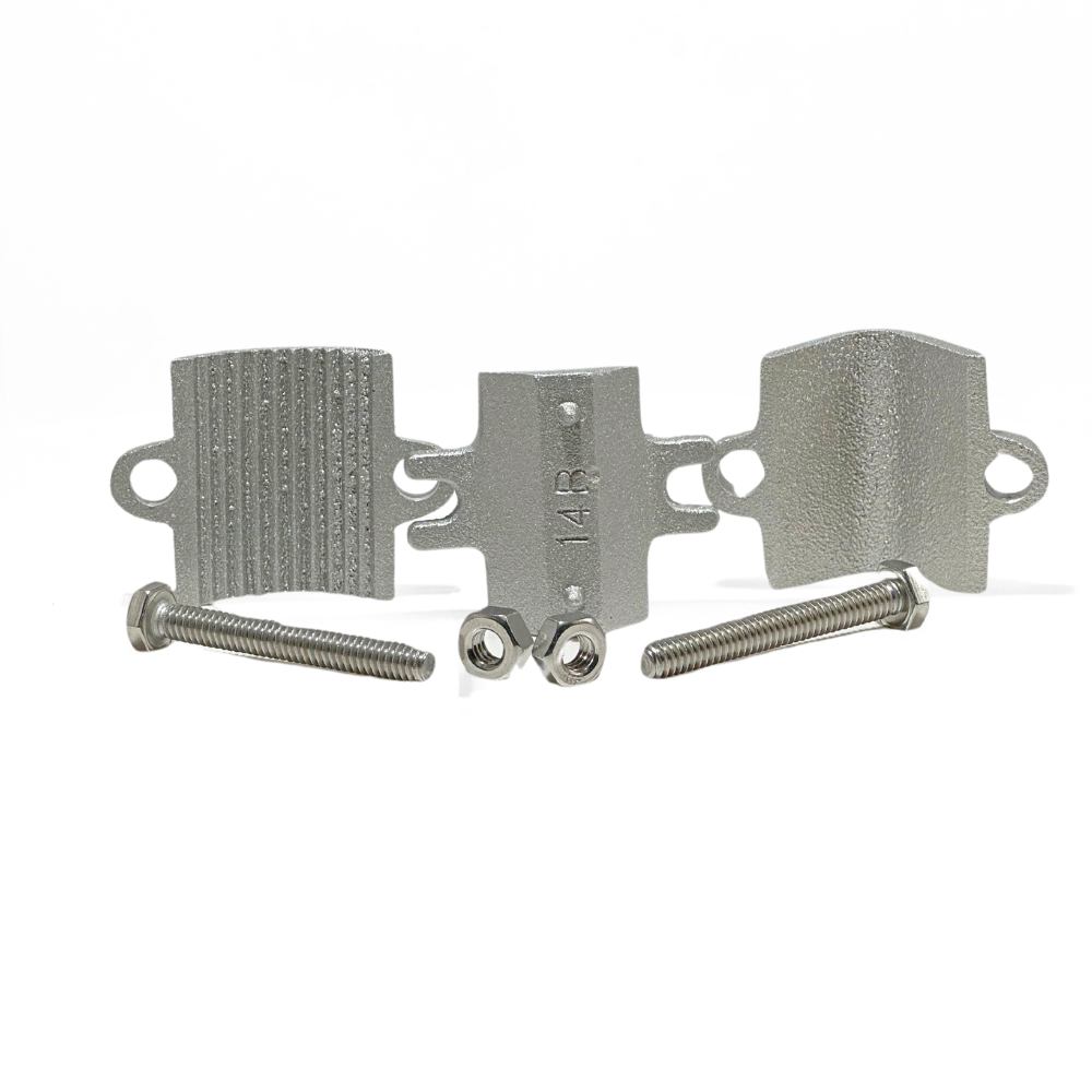 Cast Aluminum Pipe Bonding Clamp for securing main sized cables to pipes. Has 2 stainless steel 1/4” bolts for tension adjustment, rounded cap plates and a rounded insert for securing conductor. measures 2-1/2″ x 1-3/4” Lightning Protection Equipment UL-Listed Lightning Rod Lightning Conductor Electrical Grounding System Surge arrestor Lightning Rod Lightning Protection NFPA 780 LPI 175 UL96A