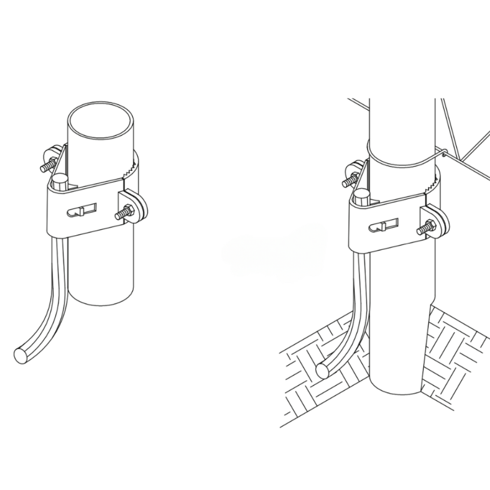 Cast Aluminum Pipe Bonding Clamp for securing main sized cables to pipes. Has 2 stainless steel 1/4” bolts for tension adjustment, rounded cap plates and a rounded insert for securing conductor. measures 4-1/4” x 1-1/2” Lightning Protection Equipment UL-Listed Lightning Rod Lightning Conductor Electrical Grounding System Surge arrestor Lightning Rod Lightning Protection NFPA 780 LPI 175 UL96A