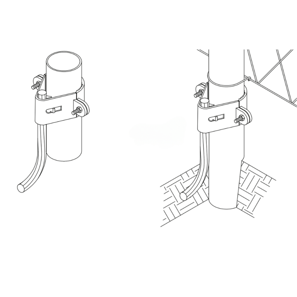 Cast Aluminum Pipe Bonding Clamp for securing main sized cables to pipes. Has 2 stainless steel 1/4” bolts for tension adjustment, rounded cap plates and a rounded insert for securing conductor. measures 5-1/2” x 1-1/2” Lightning Protection Equipment UL-Listed Lightning Rod Lightning Conductor Electrical Grounding System Surge arrestor Lightning Rod Lightning Protection NFPA 780 LPI 175 UL96A