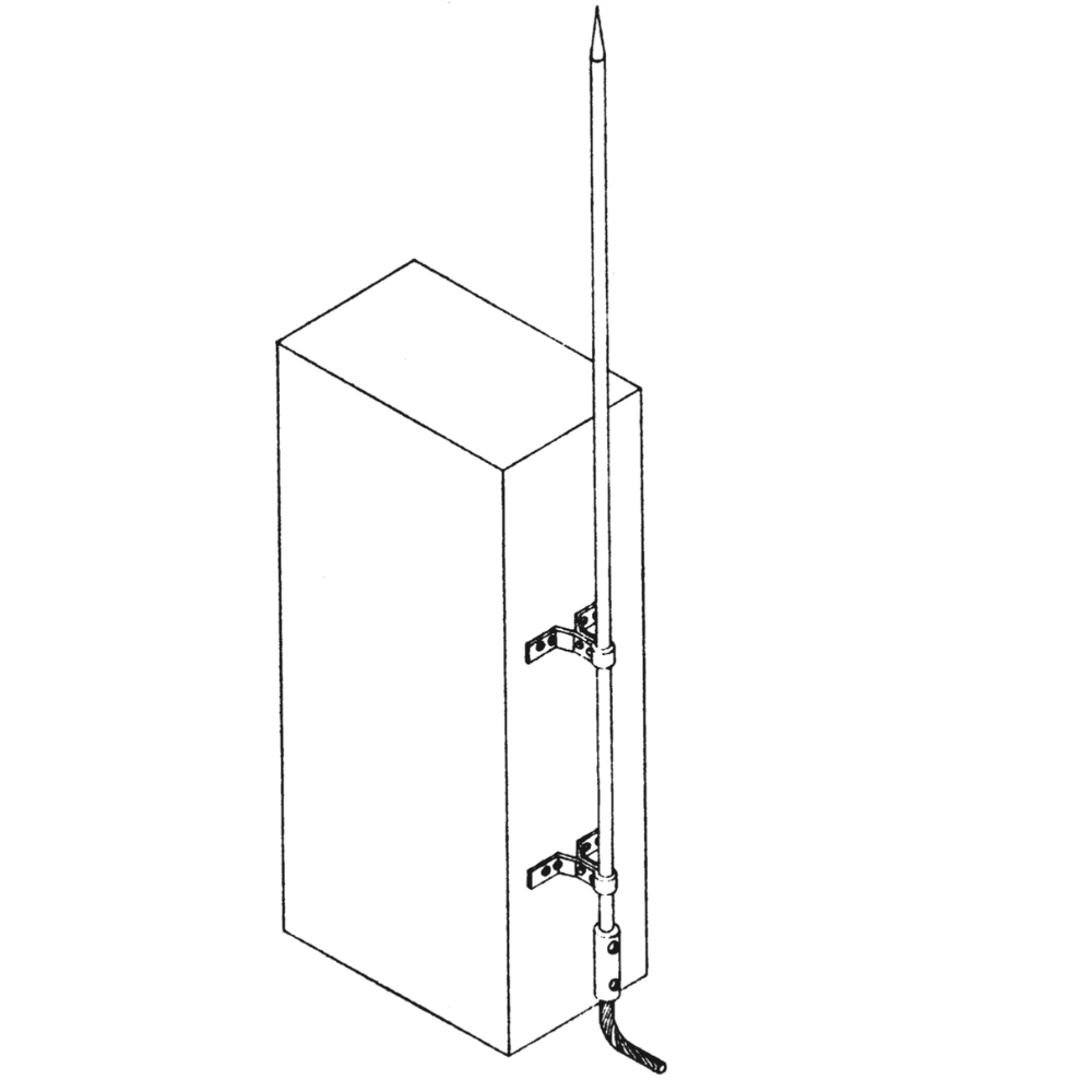 Sketch illustrating the typical use of American Rod Company’s Cast Aluminum Straight Point Base/Splicer in a lightning protection system, depicting how it efficiently aligns and secures Class I aluminum cables to air terminals or rods, ensuring compliance with stringent safety standards.