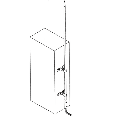 Sketch illustrating the typical use of American Rod Company’s Cast Aluminum Straight Point Base/Splicer in a lightning protection system, depicting how it efficiently aligns and secures Class I aluminum cables to air terminals or rods, ensuring compliance with stringent safety standards.