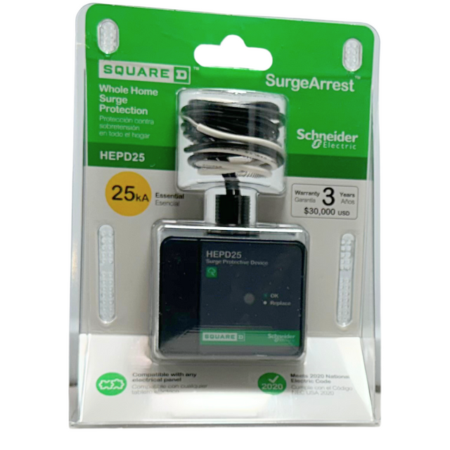 Square D 25 Ka Whole Home Surge Protection Device with 5-year, $30,000 manufacturer warranty, offering comprehensive protection against electrical surges. Ideal for residential lightning protection systems, this surge protection device ensures the safety of your home’s electrical appliances and systems. Compliant with UL 96A, UL 1449, and NFPA 780 standards, it provides reliable performance and peace of mind. Available from American Rod Company.