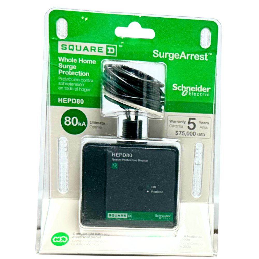 Square D 25 Ka Whole Home Surge Protection Device with 5-year, $30,000 manufacturer warranty, offering comprehensive protection against electrical surges. Ideal for residential lightning protection systems, this surge protection device ensures the safety of your home’s electrical appliances and systems. Compliant with UL 96A, UL 1449, and NFPA 780 standards, it provides reliable performance and peace of mind. Available from American Rod Company.